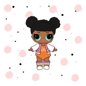 Cute vector lol doll with black and pink hair and big black eyes. Design for  Stock Illustration