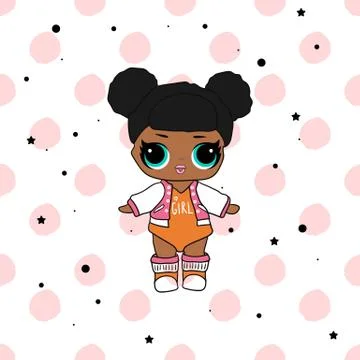 Cute vector lol doll with black and pink hair and big black eyes. Design for  Stock Illustration