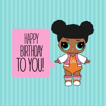 Cute vector lol doll with black and pink hair and big black eyes. Design for  Stock Illustration