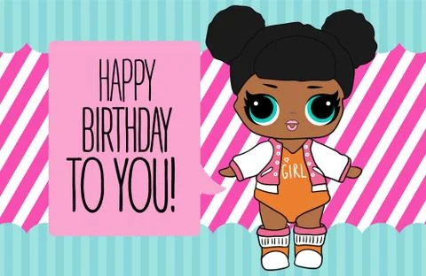 Cute vector lol doll with black and pink hair and big black eyes. Design for  Stock-Illustration