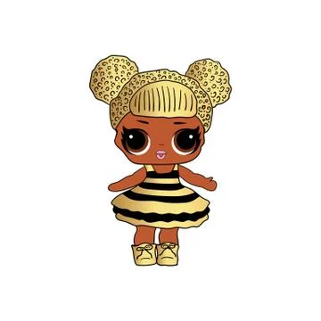 Cute vector lol doll with black and pink hair and big black eyes. Design for  Stock Illustration