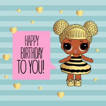 Cute vector lol doll with black and pink hair and big black eyes. Design for  Stock Illustration