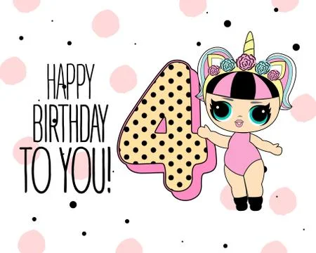 Cute vector lol doll with black and pink hair and big black eyes. Design for  Stock Illustration