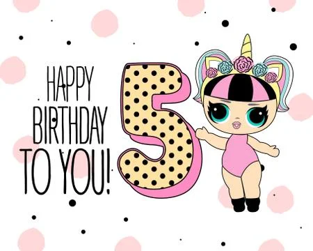 Cute vector lol doll with black and pink hair and big black eyes. Design for  Illustrazione stock
