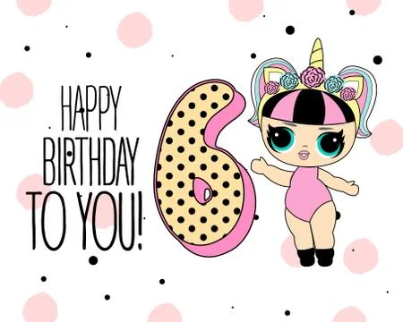 Cute vector lol doll with black and pink hair and big black eyes. Design for  Stock Illustration