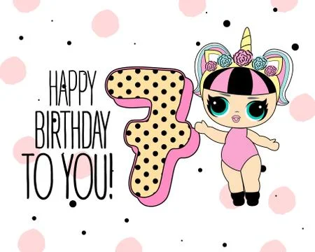 Cute vector lol doll with black and pink hair and big black eyes. Design for  Stock Illustration