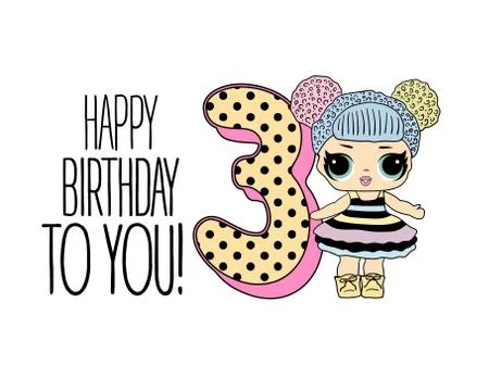 Cute vector lol doll with black and pink hair and big black eyes. Design for  Stock Illustration