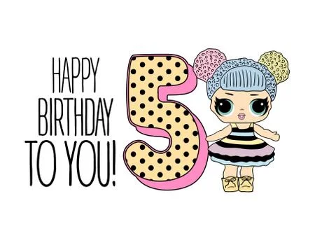 Cute vector lol doll with black and pink hair and big black eyes. Design for  Stock Illustration