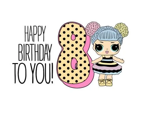 Cute vector lol doll with black and pink hair and big black eyes. Design for  Stock Illustration