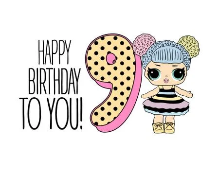 Cute vector lol doll with black and pink hair and big black eyes. Design for  Stock Illustration