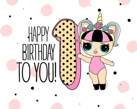 Cute vector lol doll with black and pink hair and big black eyes. Design for  Stock Illustration