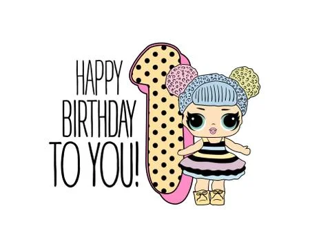 Cute vector lol doll with black and pink hair and big black eyes. Design for  Stock-Illustration