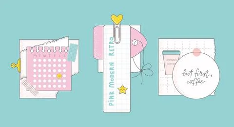 Cute vector memo template with paper notes, tapes, clips, bookmark. Can use for Stock Illustration