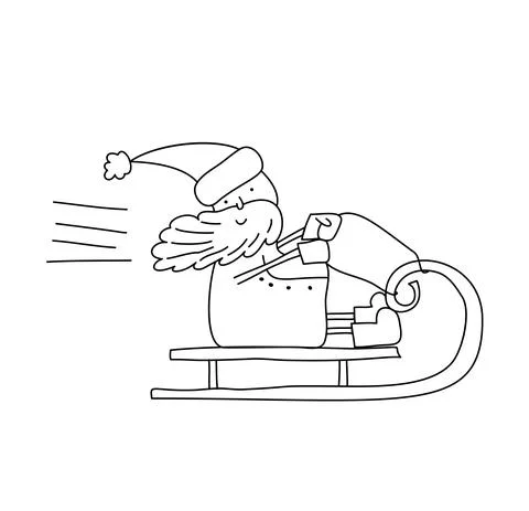 Cute vector monoline Santa Claus riding in his Christmas Sleigh or Sled Black Stock Illustration