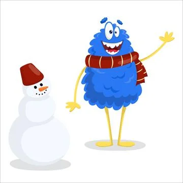 A cute vector monster is making a snowman. Monster, vector, winter, games, .. Stock Illustration