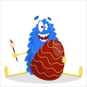 A cute vector monster paints Easter eggs. Monster, vector, holiday, Easter,.. Stock Illustration