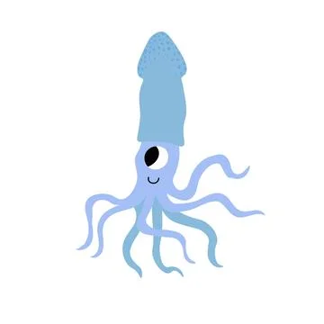 Cute vector ocean illustration with squid.Underwater cartoon creatures.Marine Stock Illustration