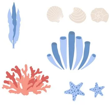 Cute vector ocean set with algae, corals, shells.Underwater cartoon creatures Stock Illustration