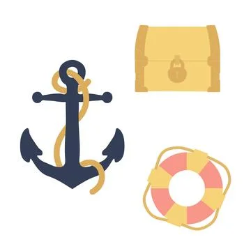 Cute vector ocean set with anchor, treasure chest, lifebuoy.Underwater cartoon Stock Illustration