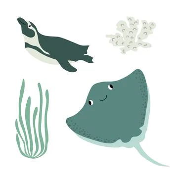 Cute vector ocean set with devilfish, penguin, algae, corals.Underwater cartoon Illustrazione stock