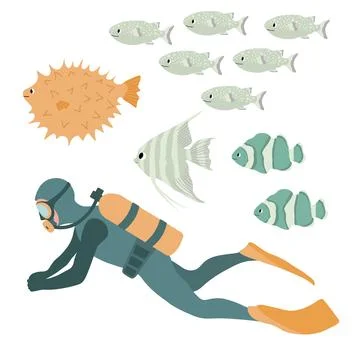 Cute vector ocean set with diver, fugu fish, scalaria, clown fish.Underwater Illustrazione stock