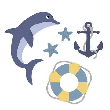 Cute vector ocean set with dolphin, anchor, lifebuoy, starfish.Underwater Stock Illustration