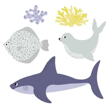 Cute vector ocean set with flounder, shark, seal, seaweed.Underwater cartoon イラスト素材