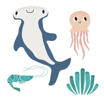 Cute vector ocean set with hammerhead fish, jellyfish, shrimp, algae.Underwater Stock Illustration