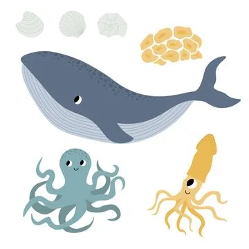 Cute vector ocean set with killer whale, octopus, seashells, corals.Underwater Illustrazione stock