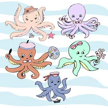 Cute vector ocean set of octopuses. Stock Illustration