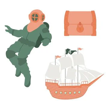 Cute vector ocean set with scuba diver, treasure chest, ship.Underwater cartoon Stock Illustration