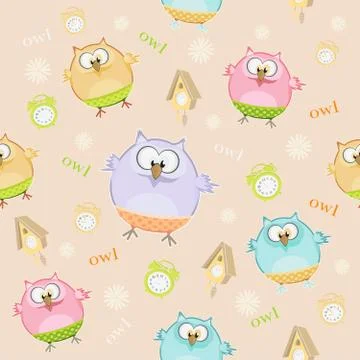 Cute vector owls for printing on clothes and fabric. Seamless patterns with o Stock Illustration