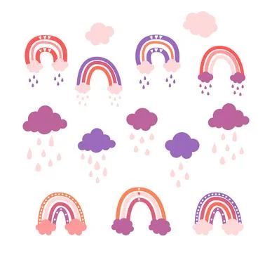 Cute vector pastel rainbow set with clouds and drops and hearts Illustrazione stock