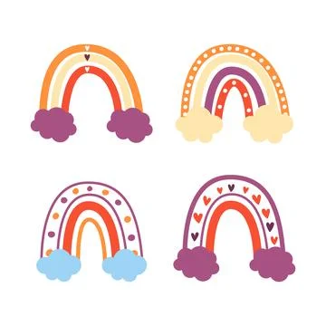 Cute vector pastel rainbow set with clouds and hearts Stock Illustration