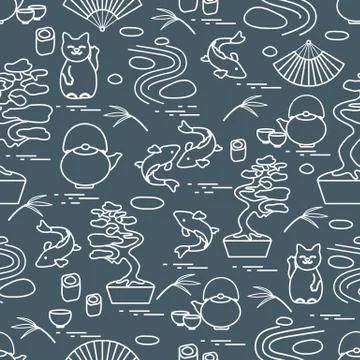 Cute vector pattern with bonsai tree, minimal rock garden, japanese lucky cat Stock Illustration