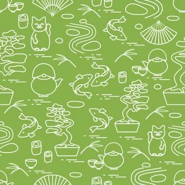 Cute vector pattern with bonsai tree, minimal rock garden, japanese lucky cat Stock Illustration