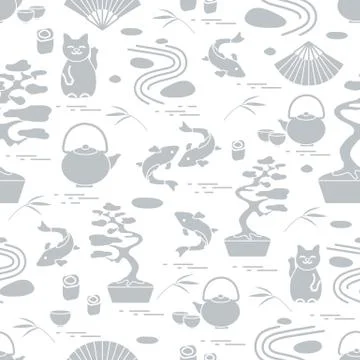 Cute vector pattern with bonsai tree, minimal rock garden, japanese lucky cat Stock Illustration