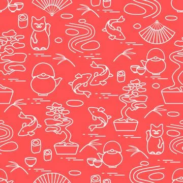 Cute vector pattern with bonsai tree, minimal rock garden, japanese lucky cat イラスト素材