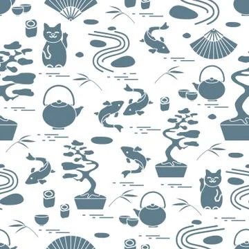 Cute vector pattern with bonsai tree, minimal rock garden, japanese lucky cat イラスト素材