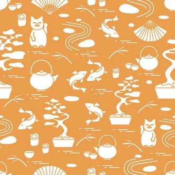 Cute vector pattern with bonsai tree, minimal rock garden, japanese lucky cat Stock Illustration