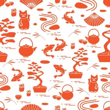 Cute vector pattern with bonsai tree, minimal rock garden, japanese lucky cat Stock Illustration