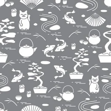 Cute vector pattern with bonsai tree, minimal rock garden, japanese lucky cat Stock Illustration