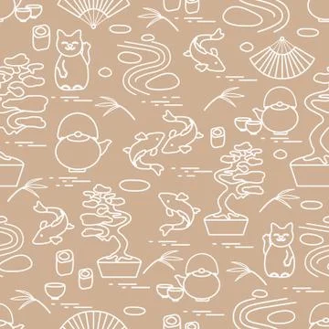 Cute vector pattern with bonsai tree, minimal rock garden, japanese lucky cat Stock Illustration