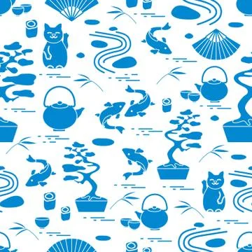 Cute vector pattern with bonsai tree, minimal rock garden, japanese lucky cat Stock Illustration