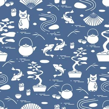 Cute vector pattern with bonsai tree, minimal rock garden, japanese lucky cat 스톡 일러스트