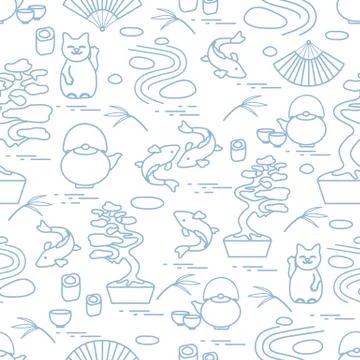 Cute vector pattern with bonsai tree, minimal rock garden, japanese lucky cat Stock Illustration
