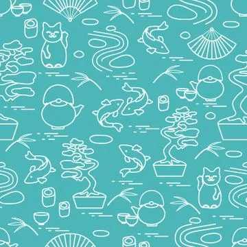 Cute vector pattern with bonsai tree, minimal rock garden, japanese lucky cat Illustrazione stock