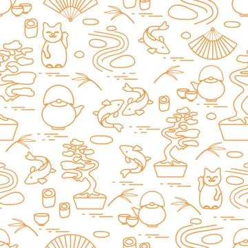 Cute vector pattern with bonsai tree, minimal rock garden, japanese lucky cat 스톡 일러스트