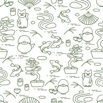 Cute vector pattern with bonsai tree, minimal rock garden, japanese lucky cat イラスト素材