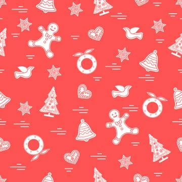 Cute vector pattern of different new year and christmas symbols. Winter theme Stock Illustration